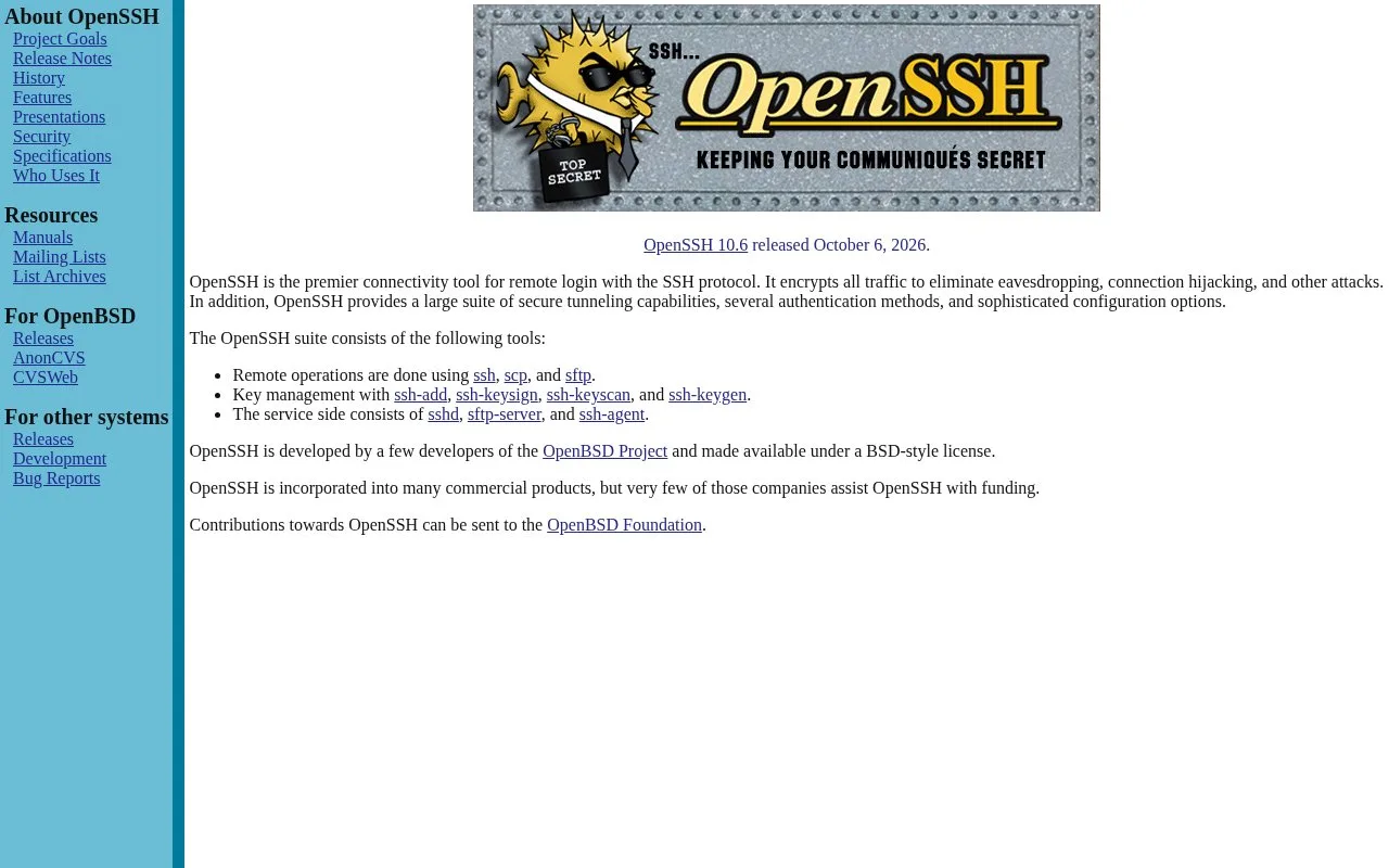 Screenshot of the OpenSSH homepage