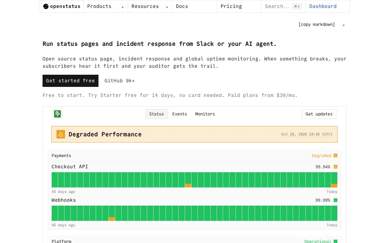 Screenshot of the OpenStatus homepage