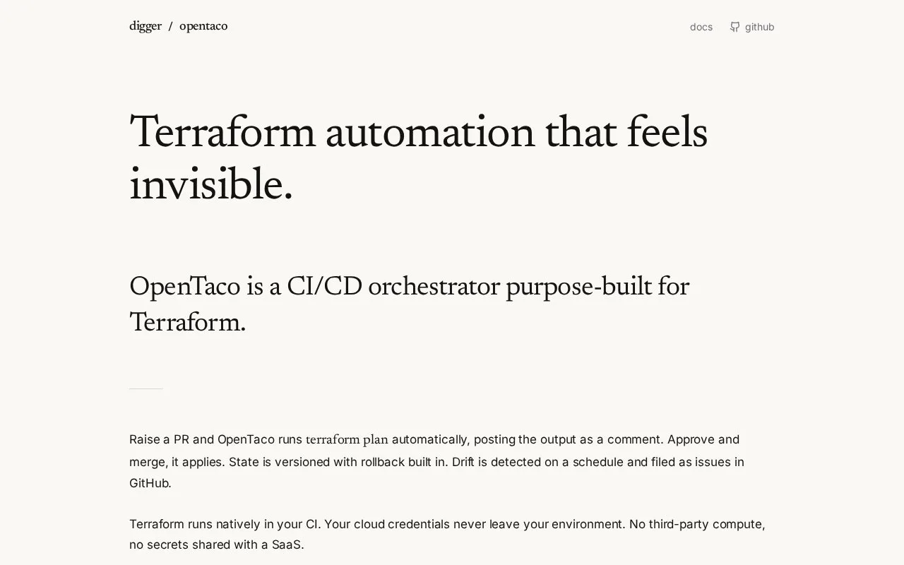 Screenshot of the OpenTaco homepage