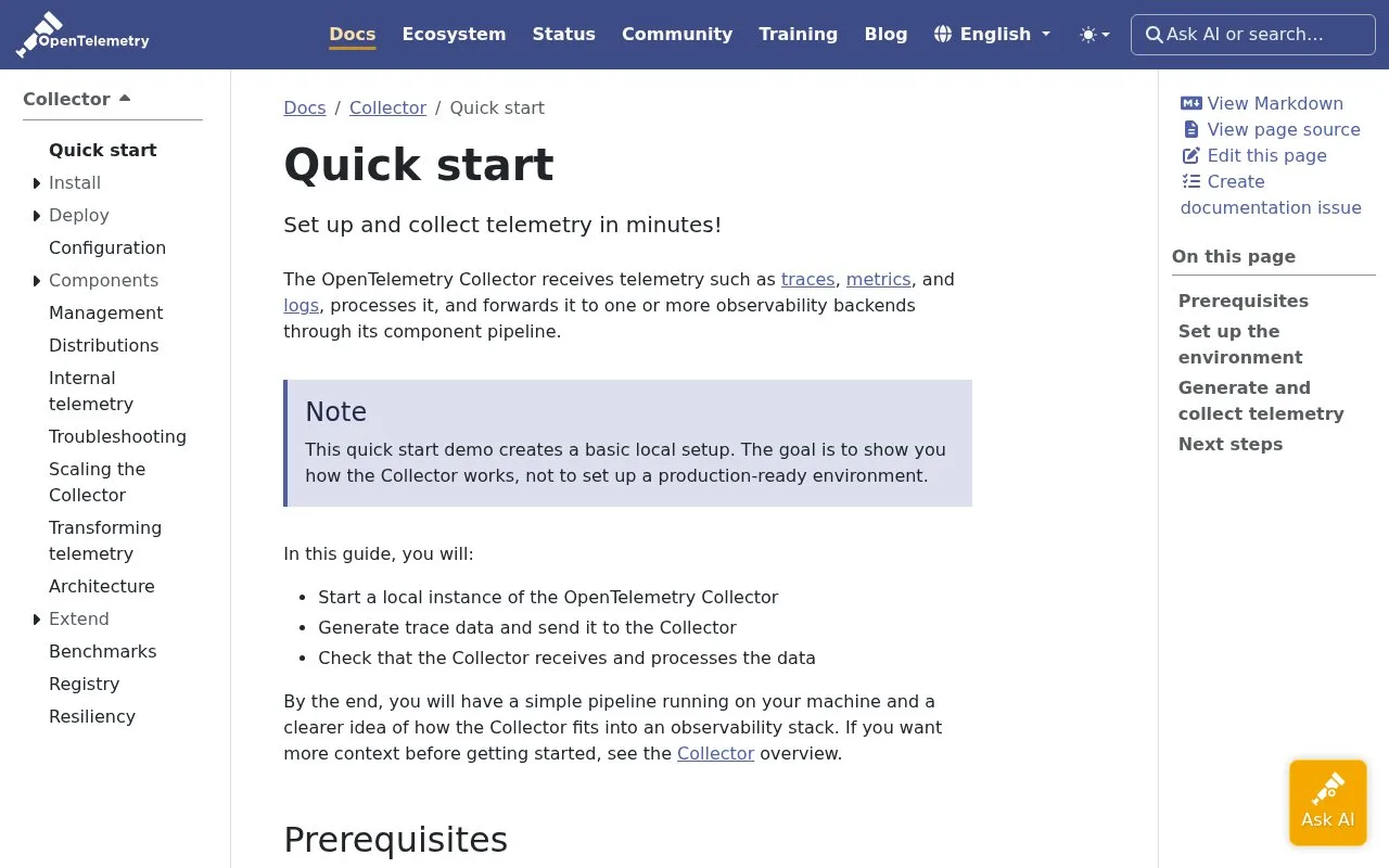 Screenshot of the OpenTelemetry Collector homepage