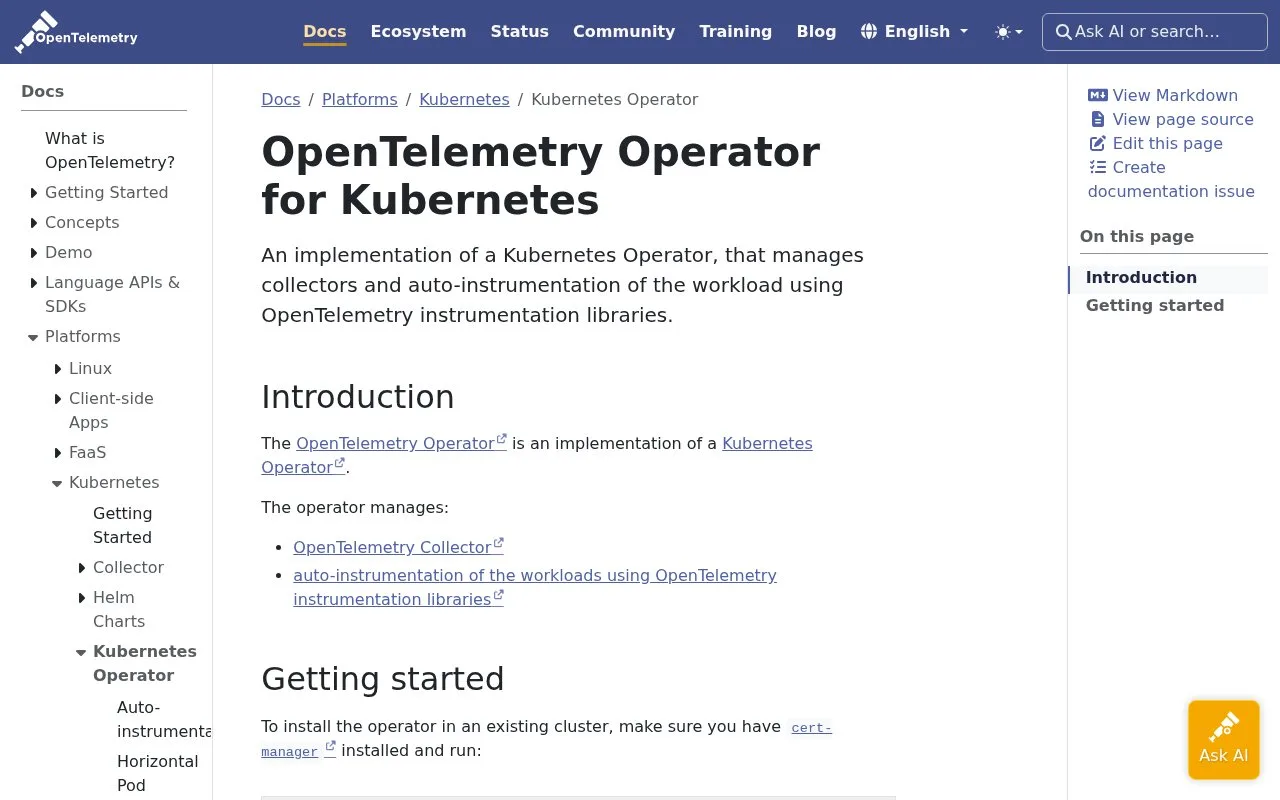 Screenshot of the OpenTelemetry Operator homepage