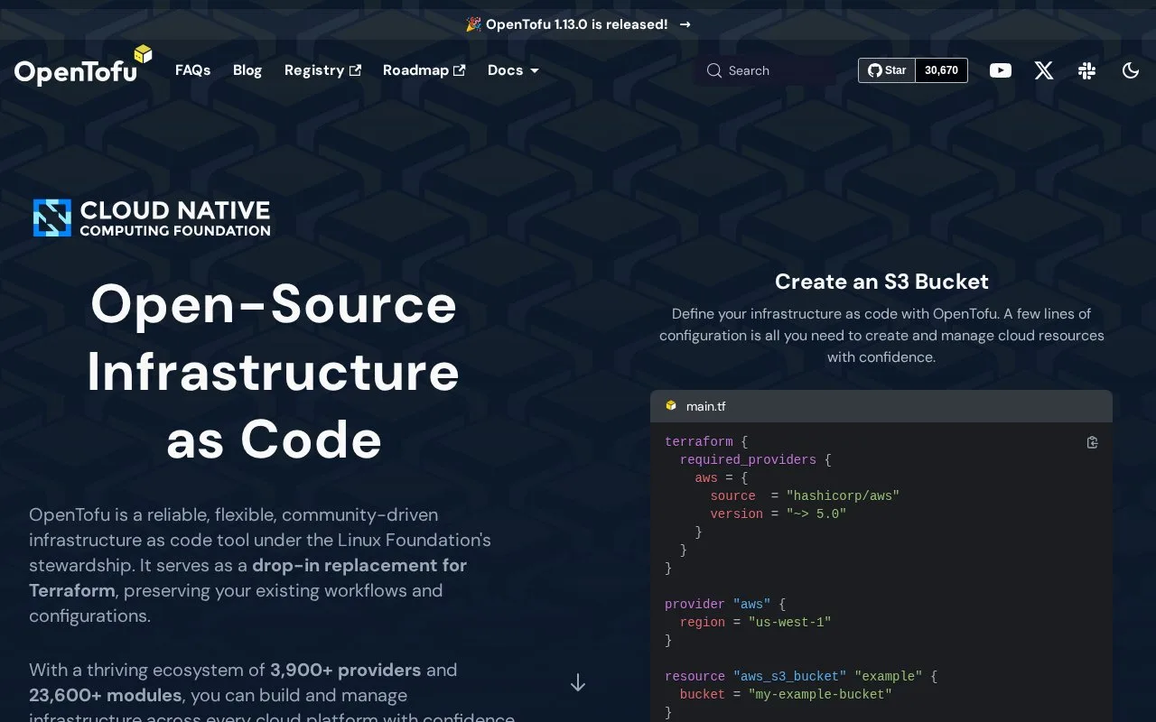 Screenshot of the OpenTofu homepage
