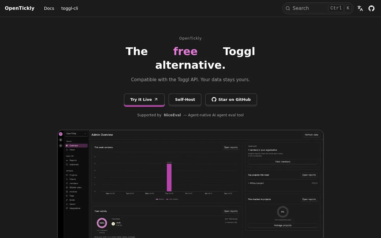 Screenshot of the OpenTickly homepage