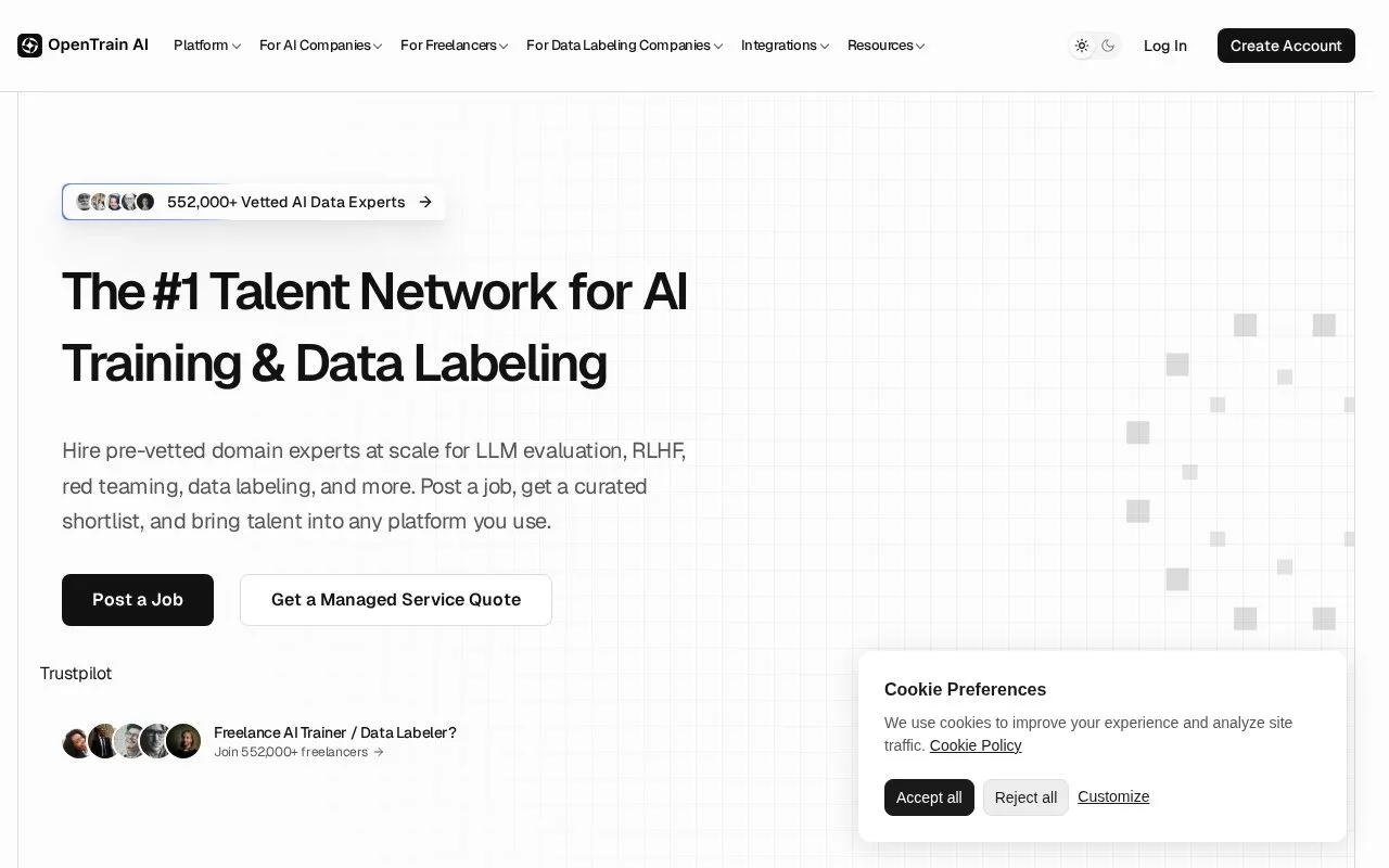 Screenshot of the OpenTrain AI homepage