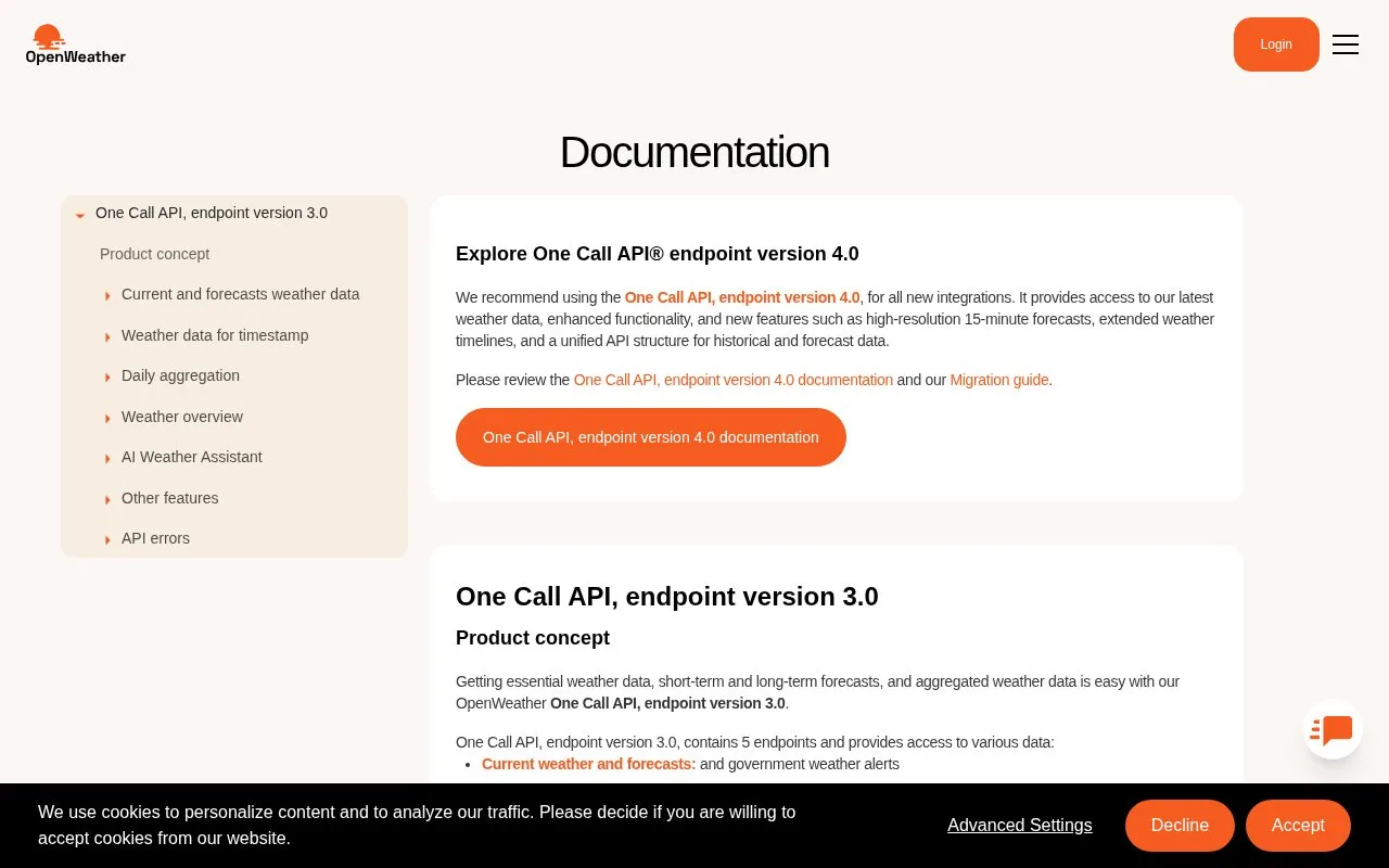 Screenshot of the OpenWeather One Call API 3.0 homepage