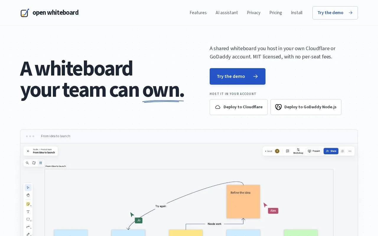 Screenshot of the Open Whiteboard homepage