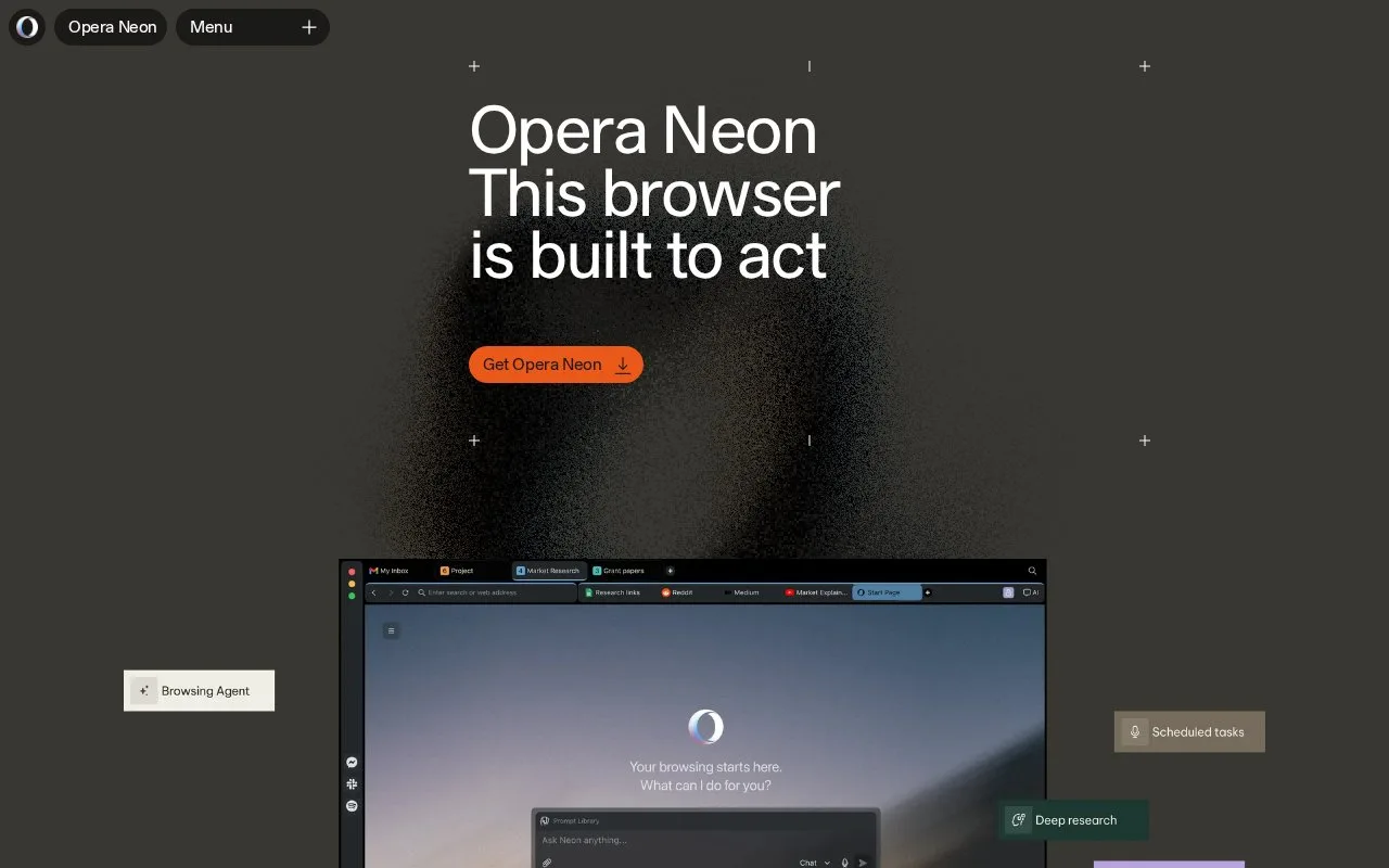 Screenshot of the Opera Neon homepage