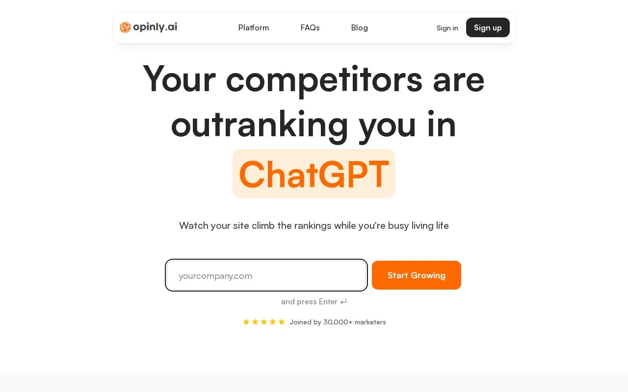 Screenshot of the Opinly homepage