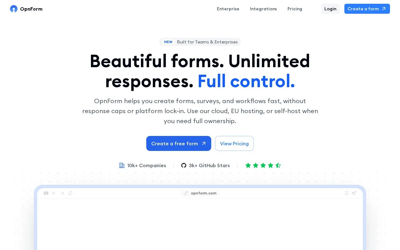 Screenshot of the OpnForm homepage