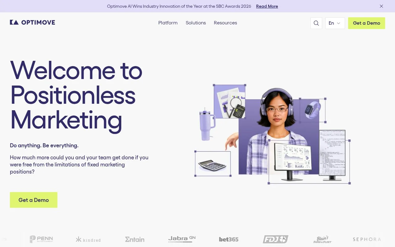 Screenshot of the Optimove homepage