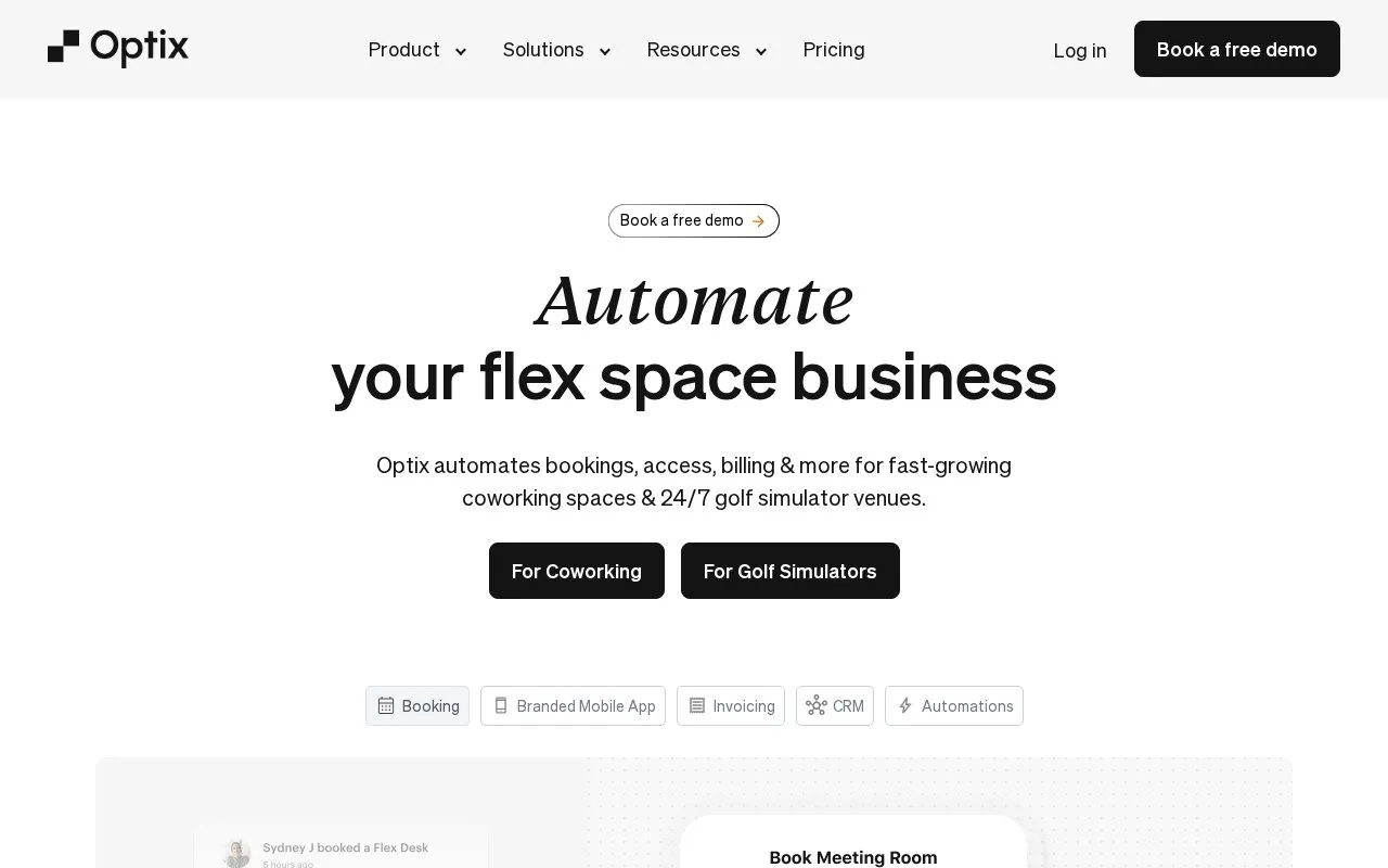 Screenshot of the Optix homepage