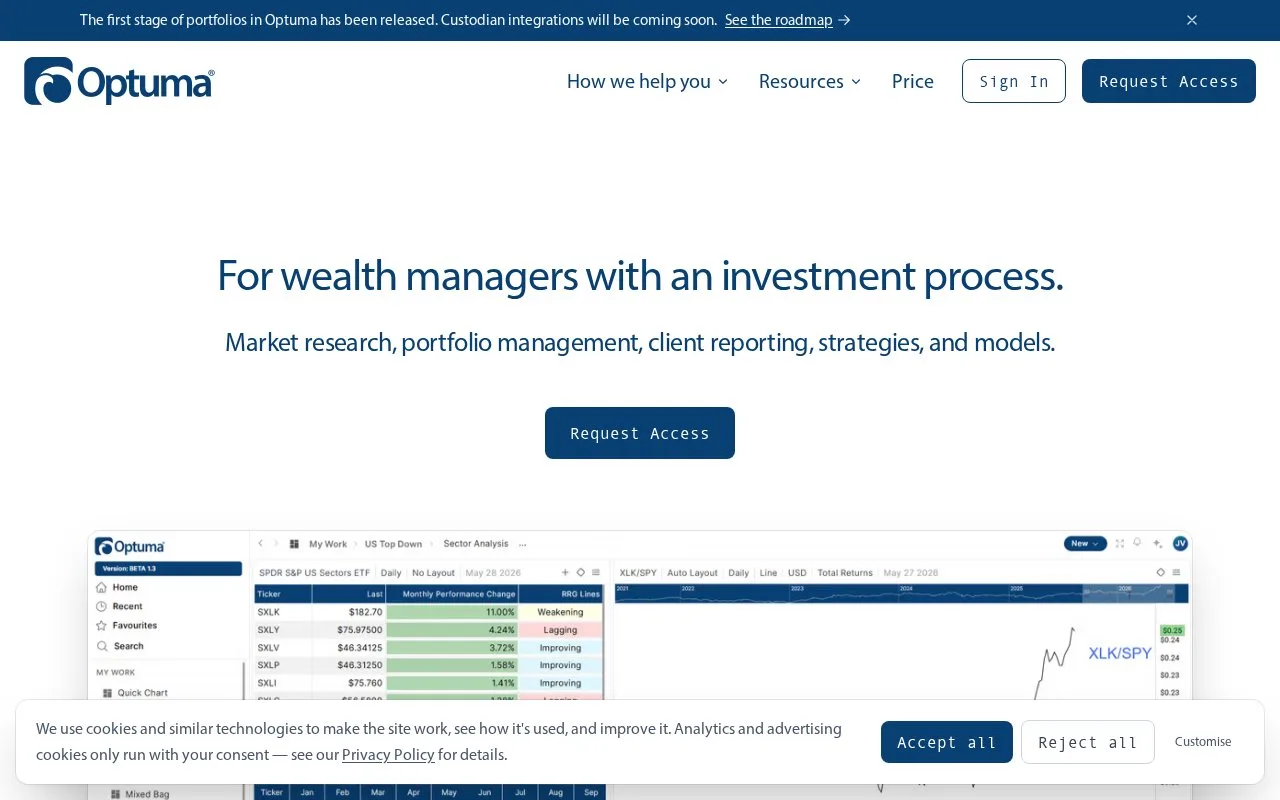 Screenshot of the Optuma homepage