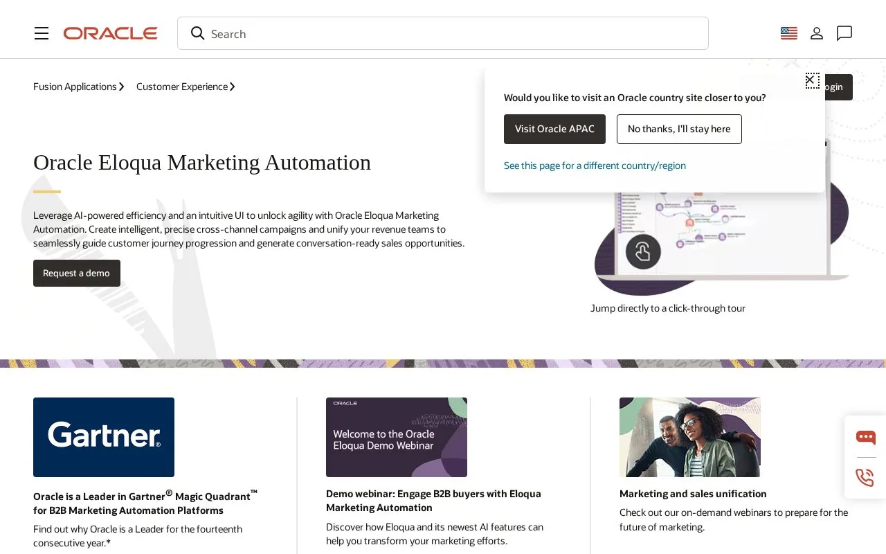 Screenshot of the Oracle Eloqua homepage