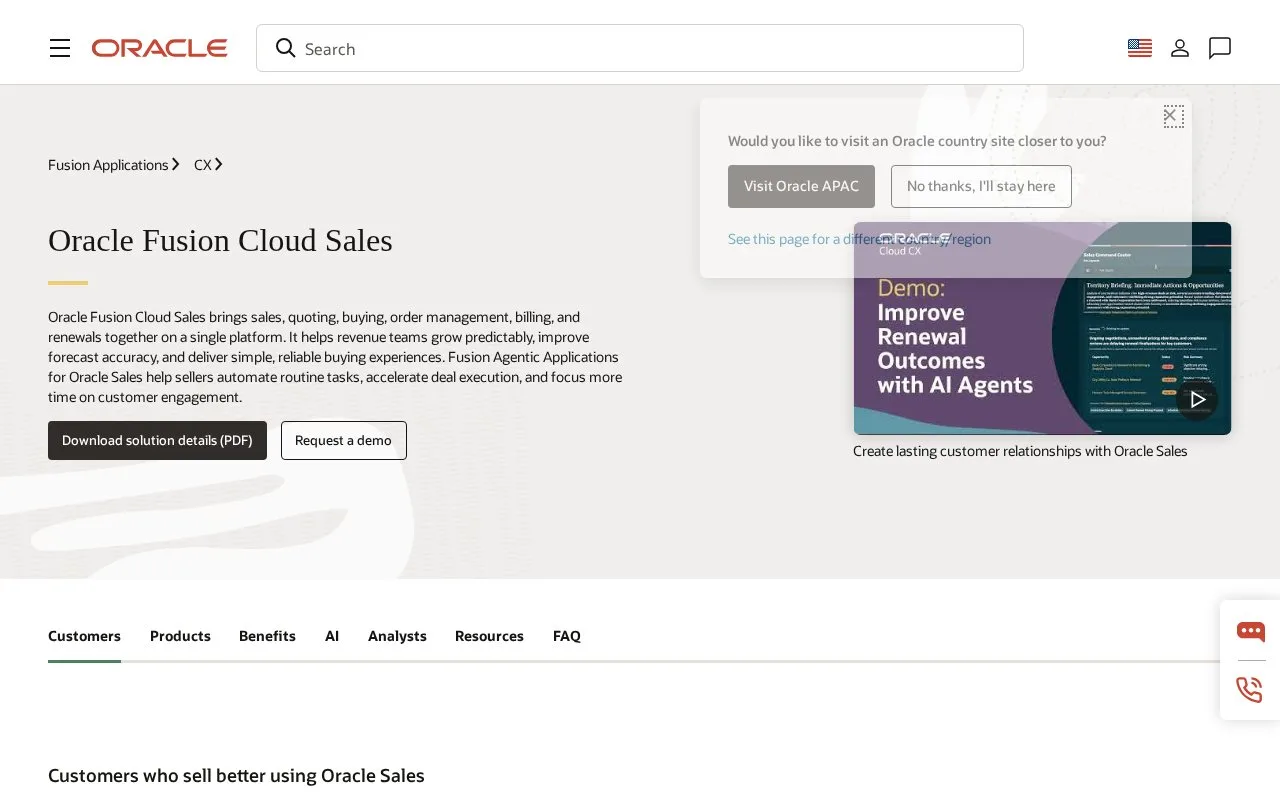 Screenshot of the Oracle Fusion Sales homepage