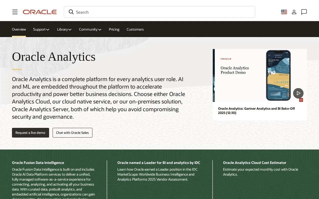 Screenshot of the Oracle Analytics Cloud homepage