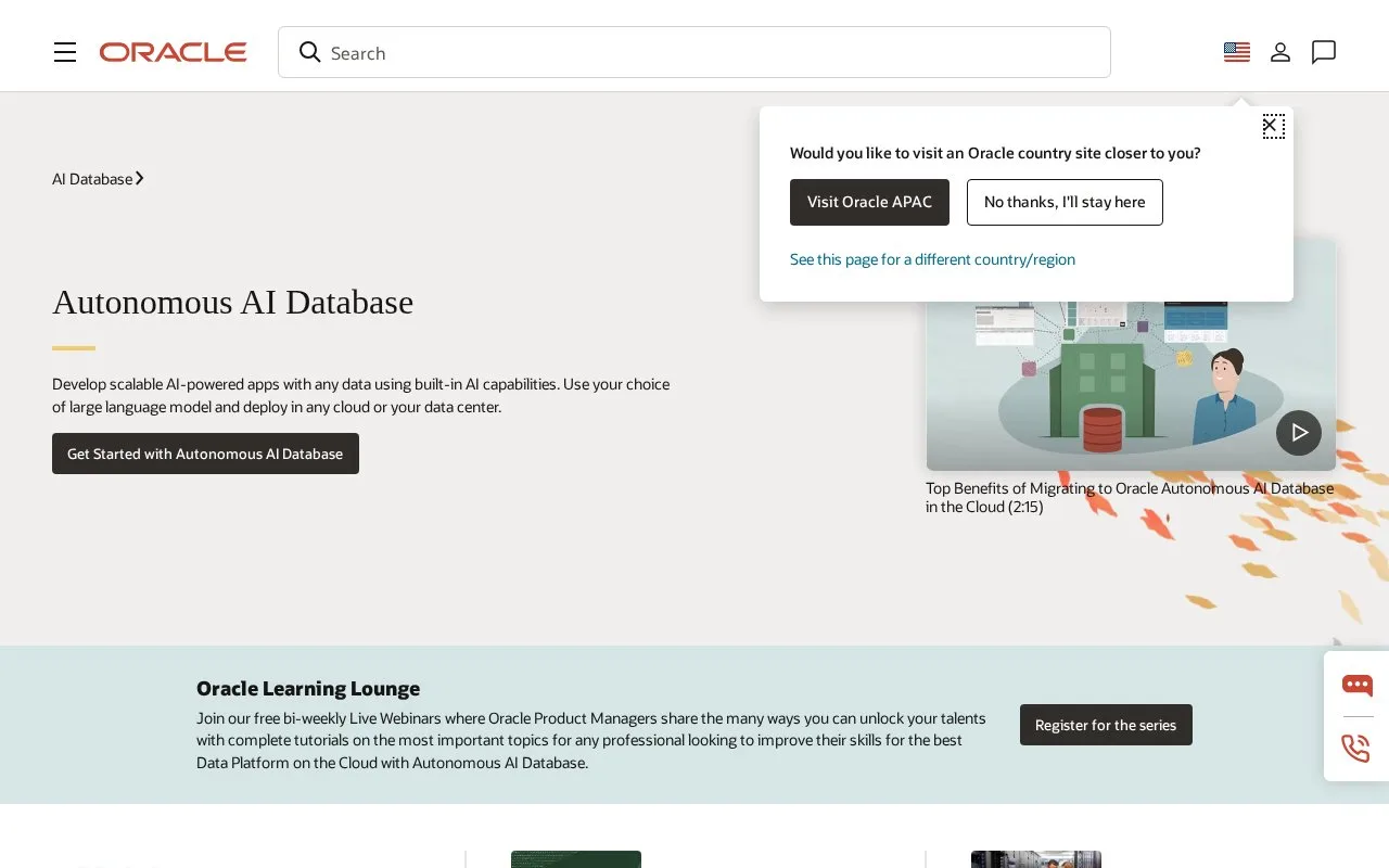 Screenshot of the Oracle Autonomous AI Database homepage