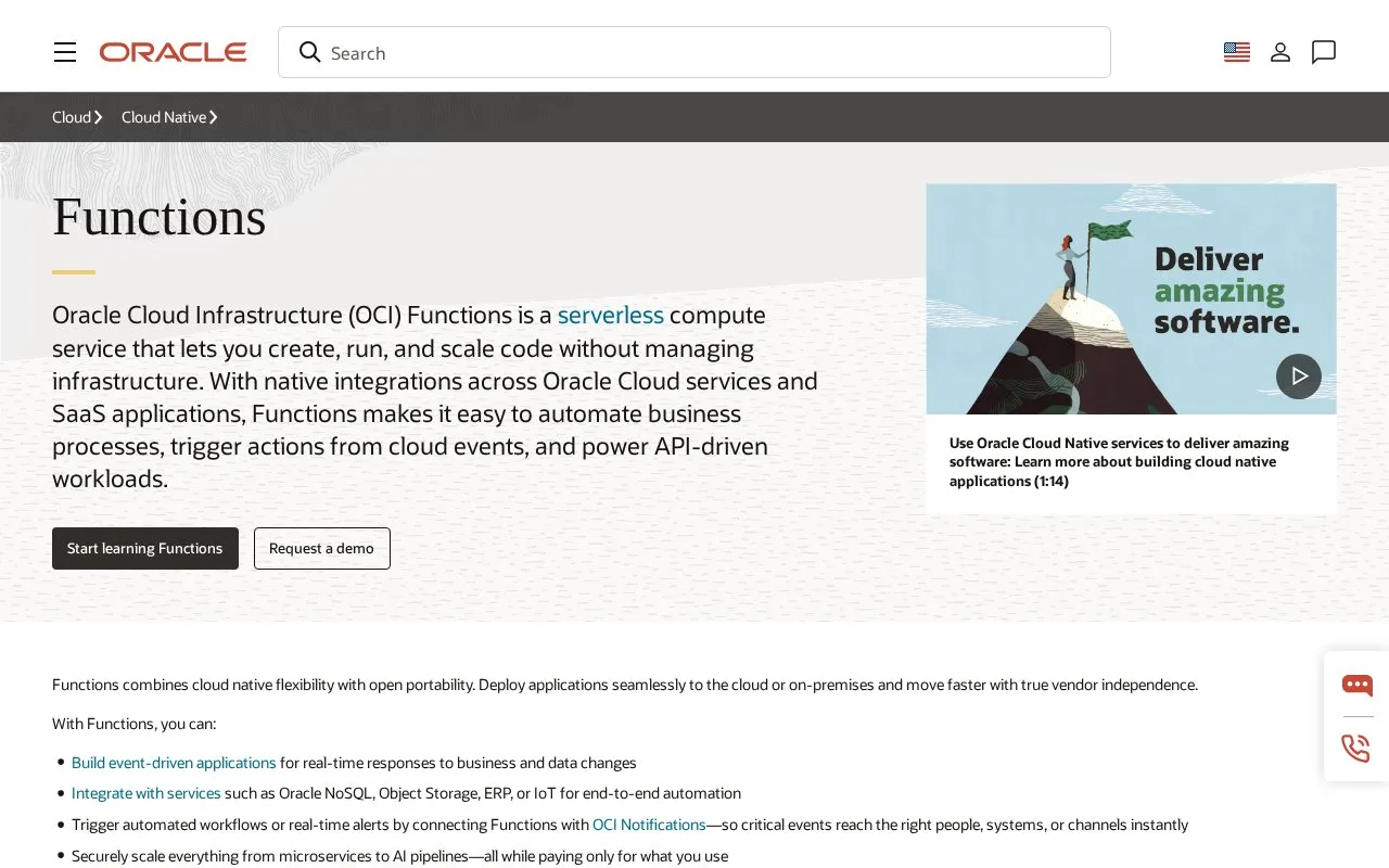 Screenshot of the OCI Functions homepage