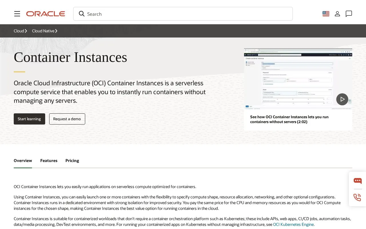 Screenshot of the Oracle Cloud Infrastructure Container Instances homepage