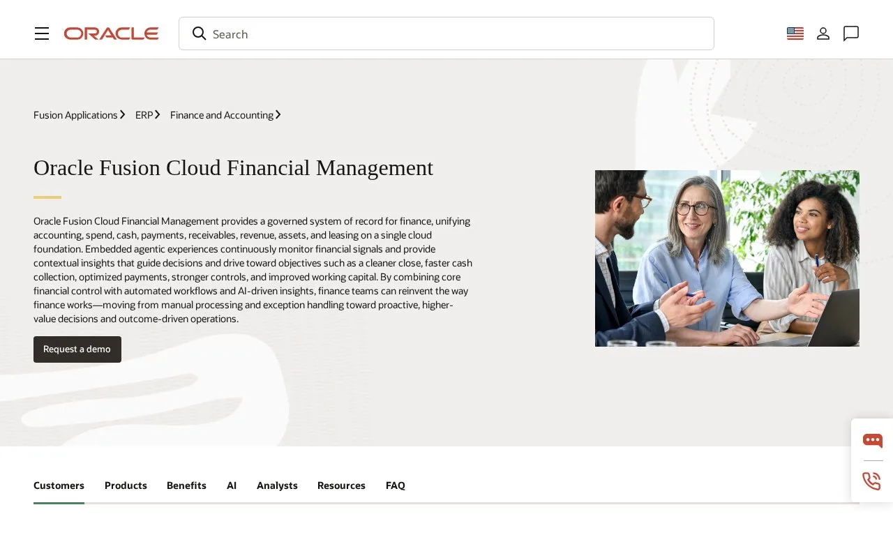 Screenshot of the Oracle Fusion Cloud Financial Management homepage