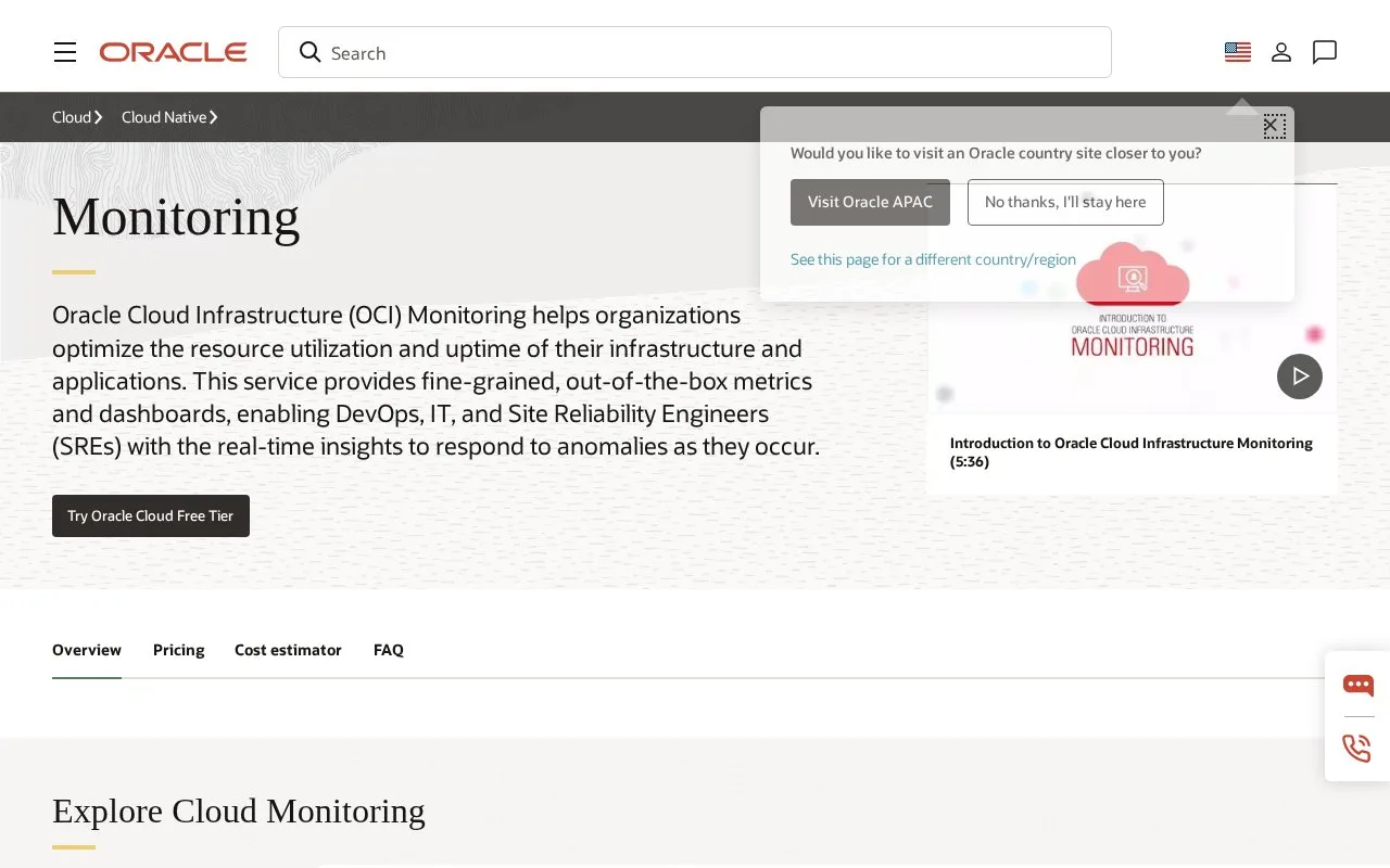 Screenshot of the Oracle Cloud Infrastructure Monitoring homepage