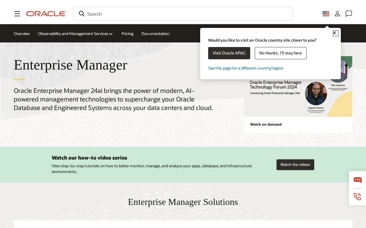 Screenshot of the Oracle Enterprise Manager 24ai homepage