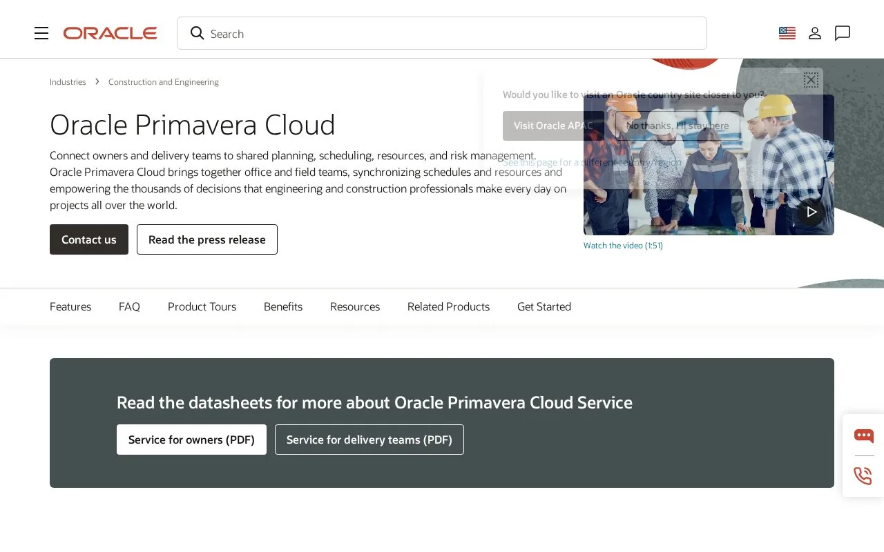 Screenshot of the Oracle Primavera Cloud homepage