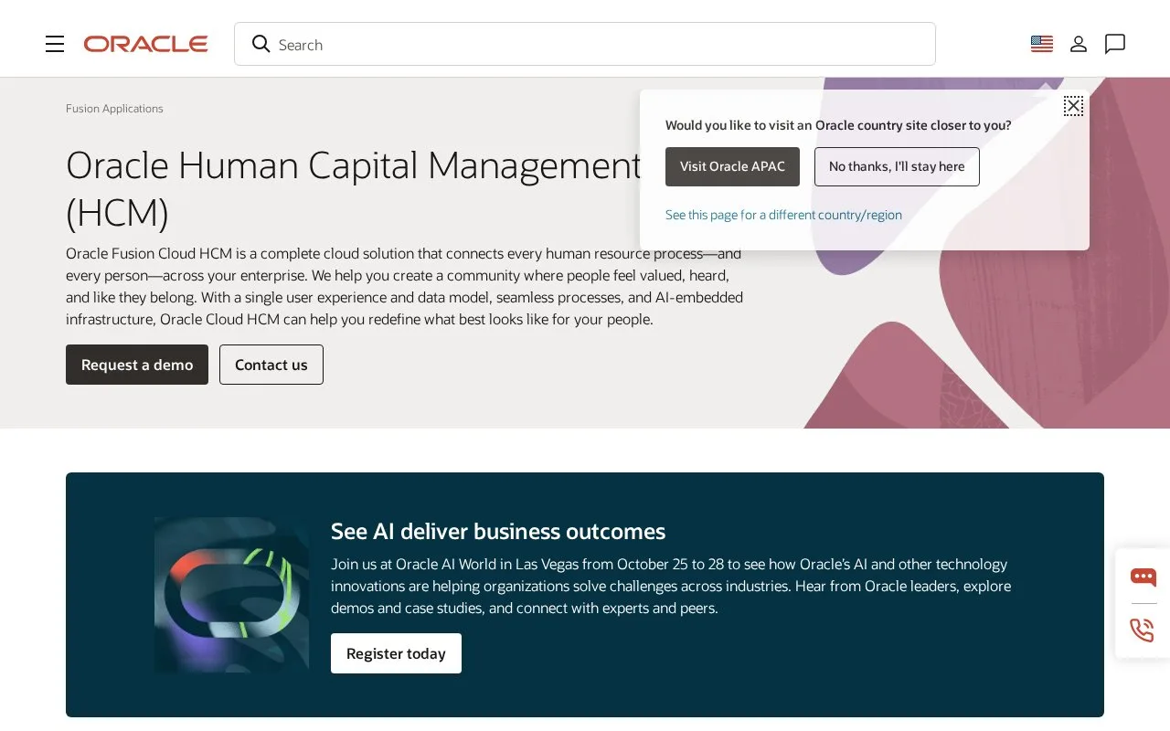 Screenshot of the Oracle Fusion Cloud HCM homepage