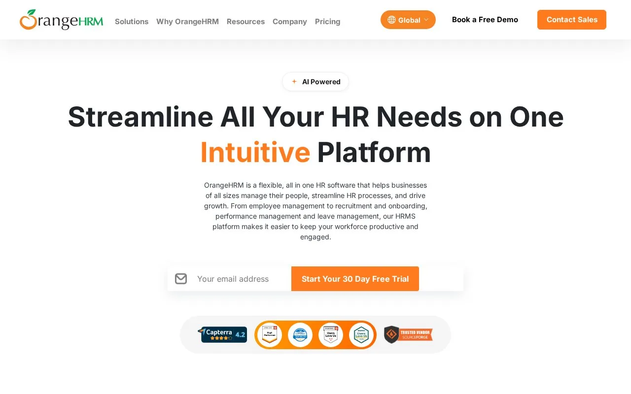 Screenshot of the OrangeHRM homepage