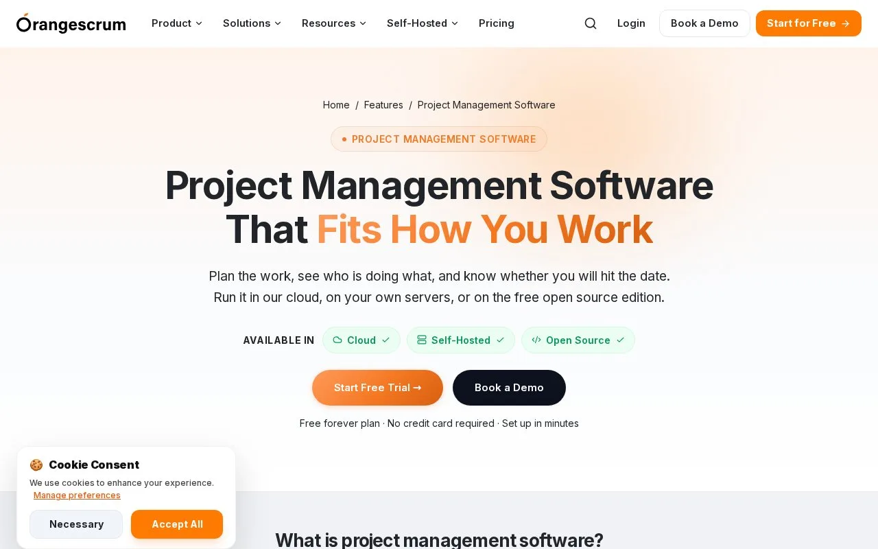 Screenshot of the Orangescrum homepage