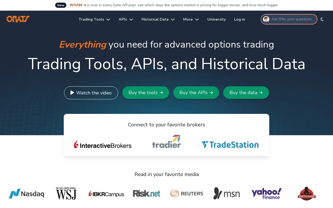 Screenshot of the ORATS homepage
