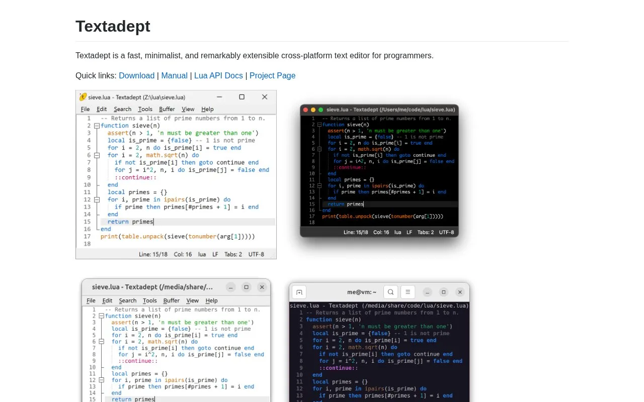 Screenshot of the Textadept homepage