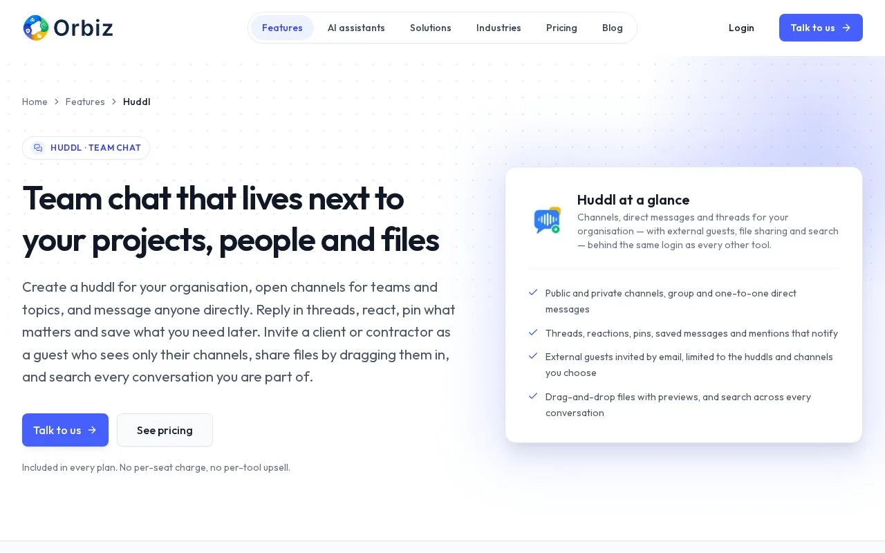 Screenshot of the Huddl by Orbiz homepage