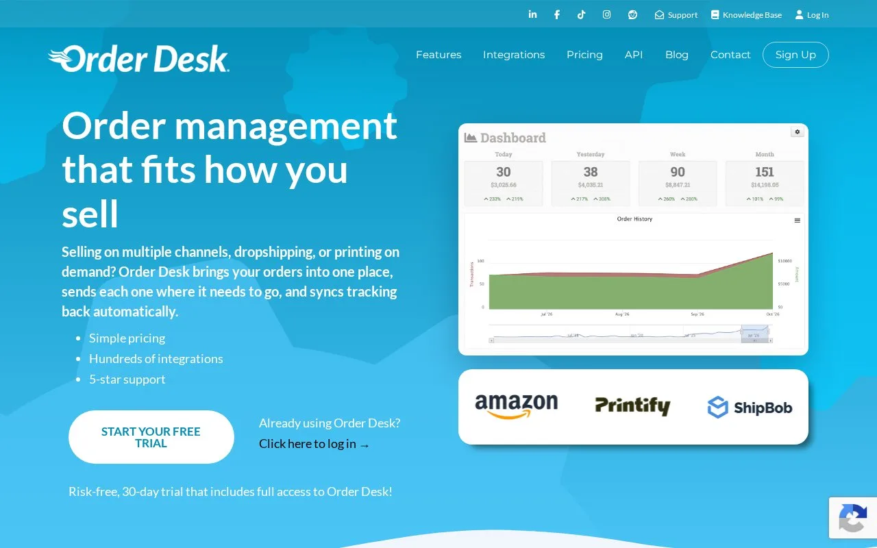 Screenshot of the Order Desk homepage