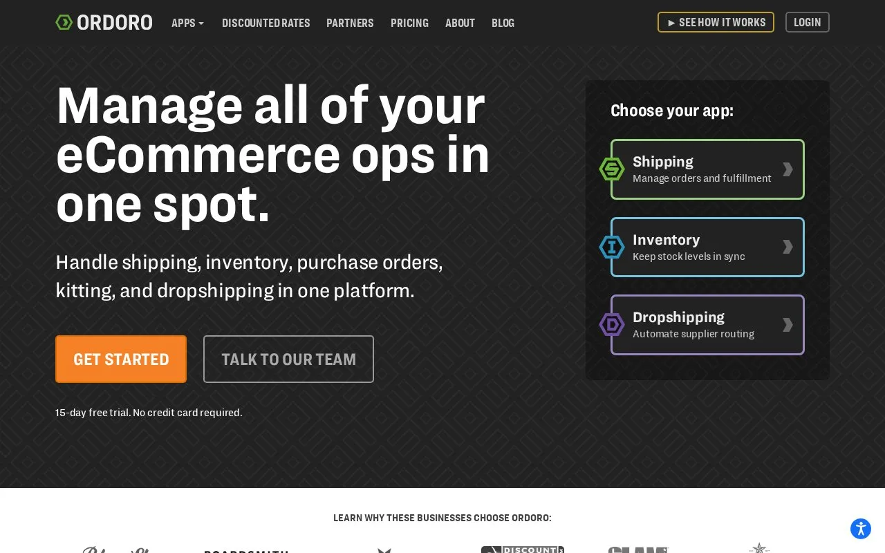 Screenshot of the Ordoro homepage