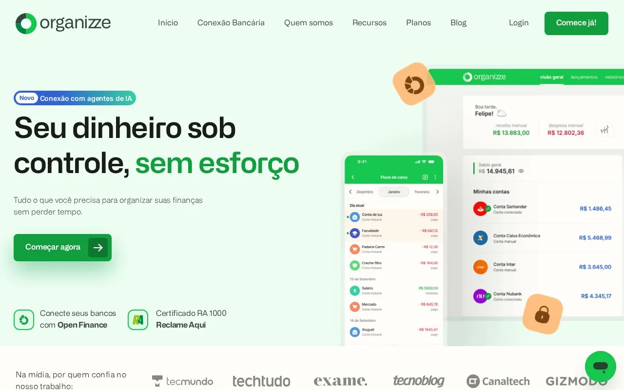 Screenshot of the Organizze homepage