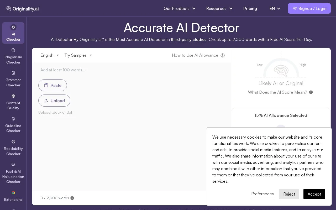 Screenshot of the Originality.ai homepage