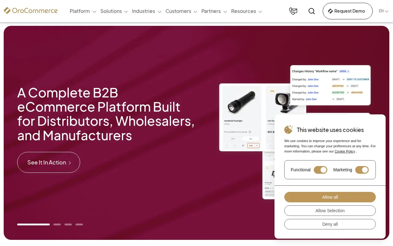 Screenshot of the OroCommerce homepage