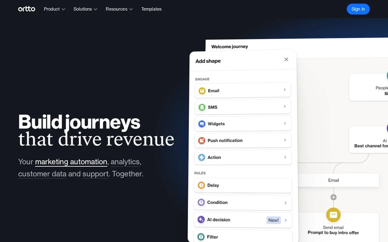 Screenshot of the Ortto homepage