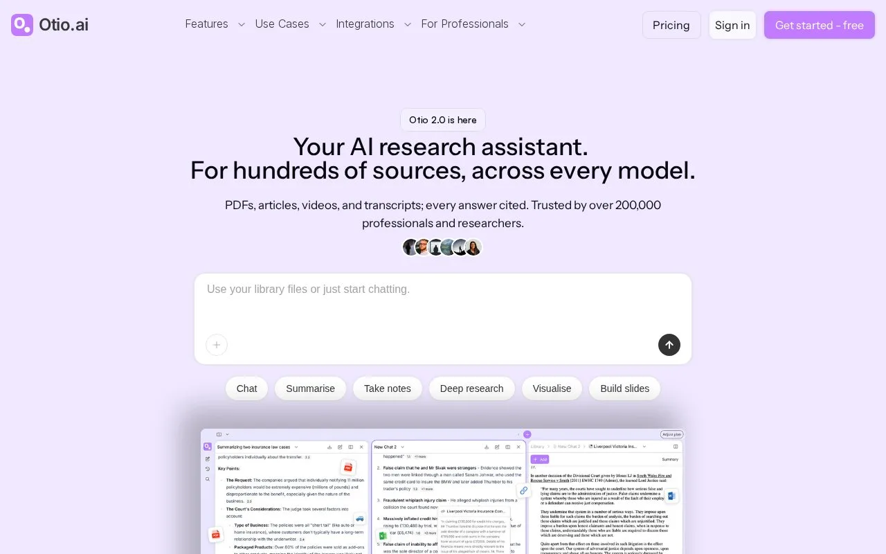 Screenshot of the Otio homepage
