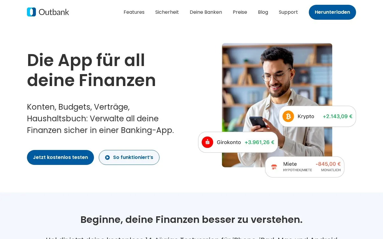Screenshot of the Outbank homepage