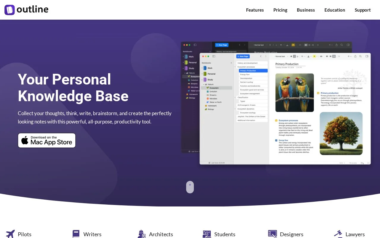 Screenshot of the Outline Digital Notes homepage