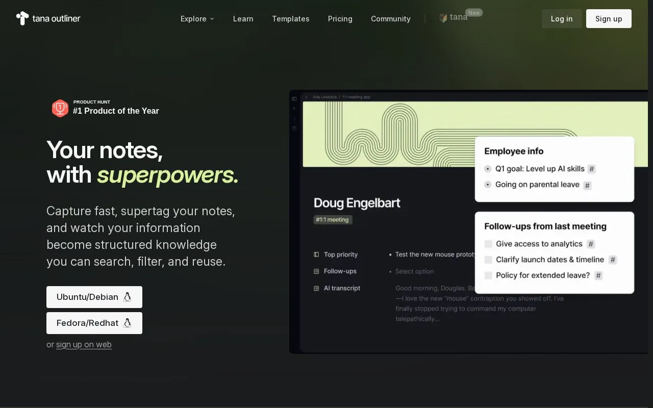 Screenshot of the Tana homepage