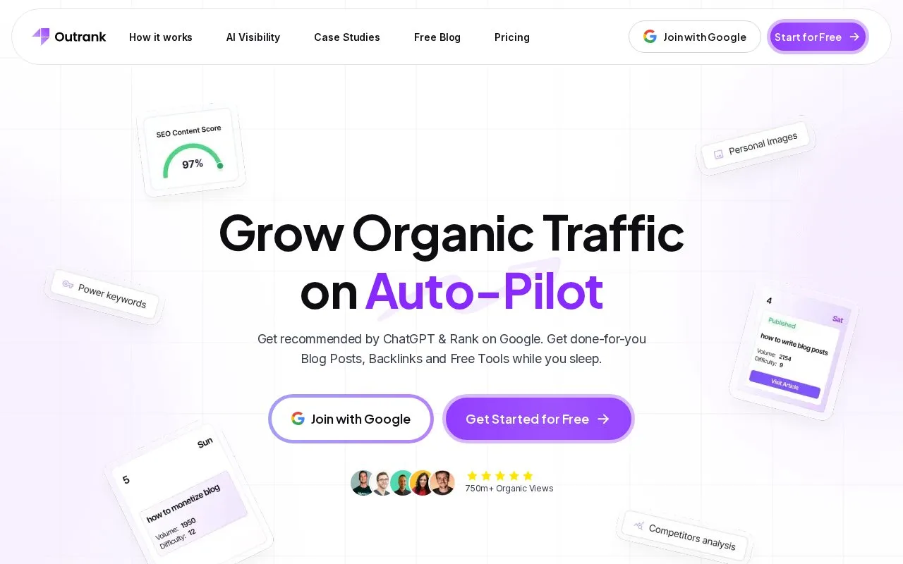 Screenshot of the Outrank homepage