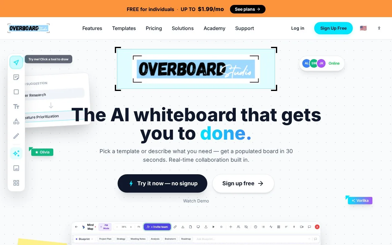 Screenshot of the Overboard homepage