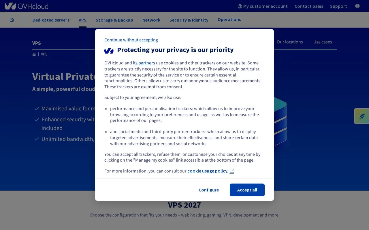 Screenshot of the OVHcloud VPS homepage