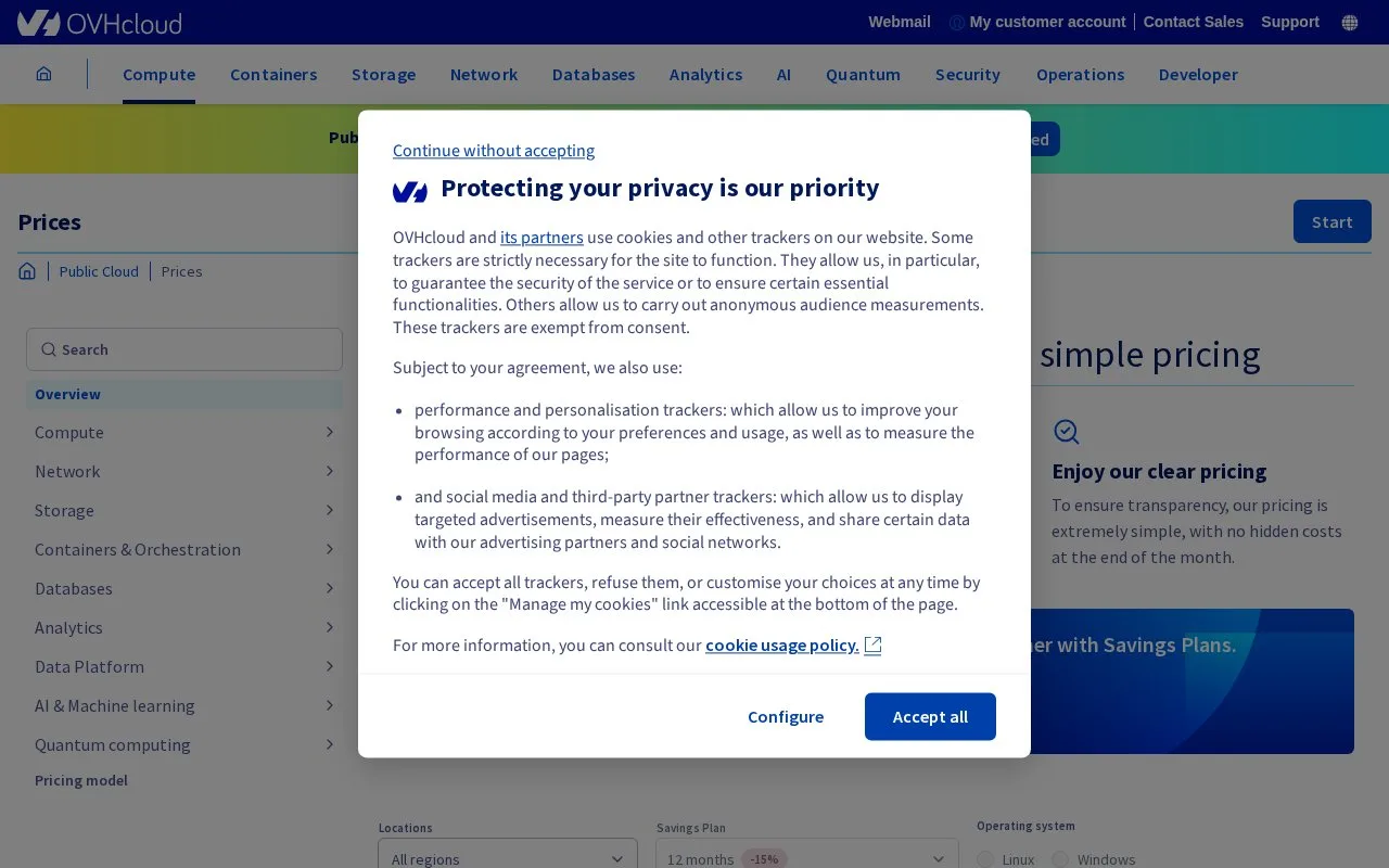 Screenshot of the OVHcloud Public Cloud Compute Instances homepage