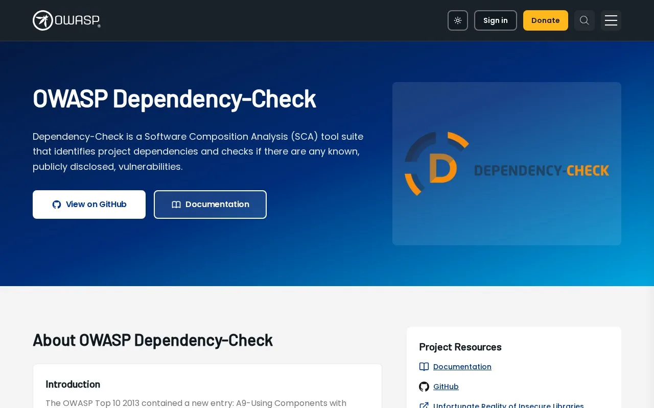 Screenshot of the OWASP Dependency-Check homepage