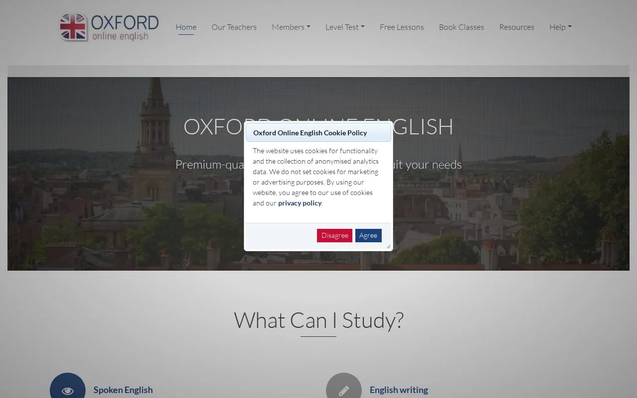 Screenshot of the Oxford Online English homepage