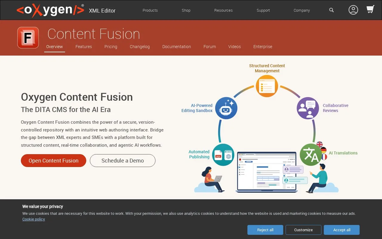 Screenshot of the Oxygen Content Fusion homepage
