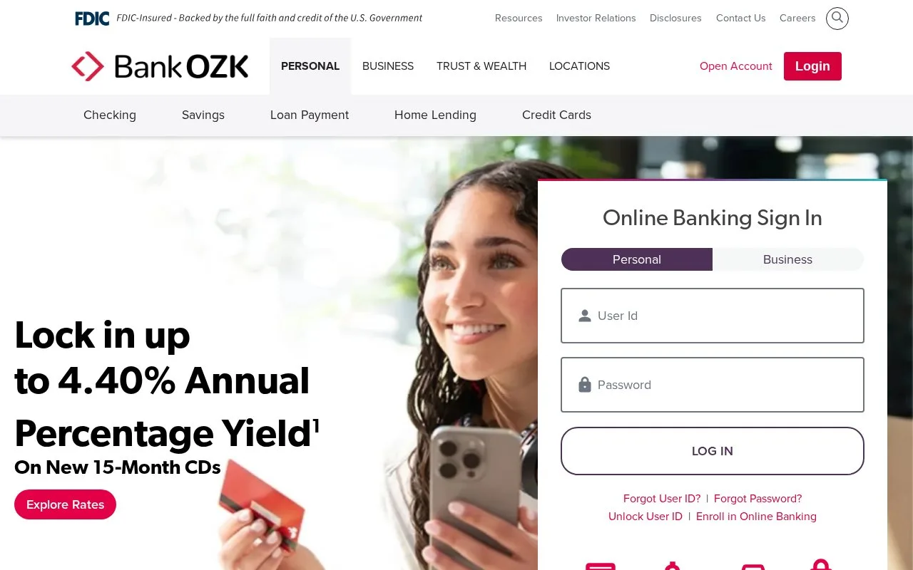 Screenshot of the Bank OZK homepage